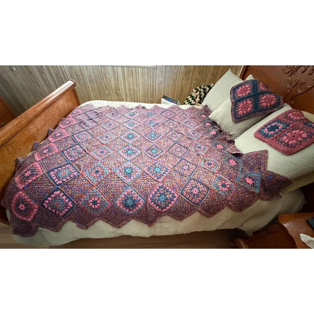 Handmade Crocheted Afghan with Pillow Covers Variegated Colors